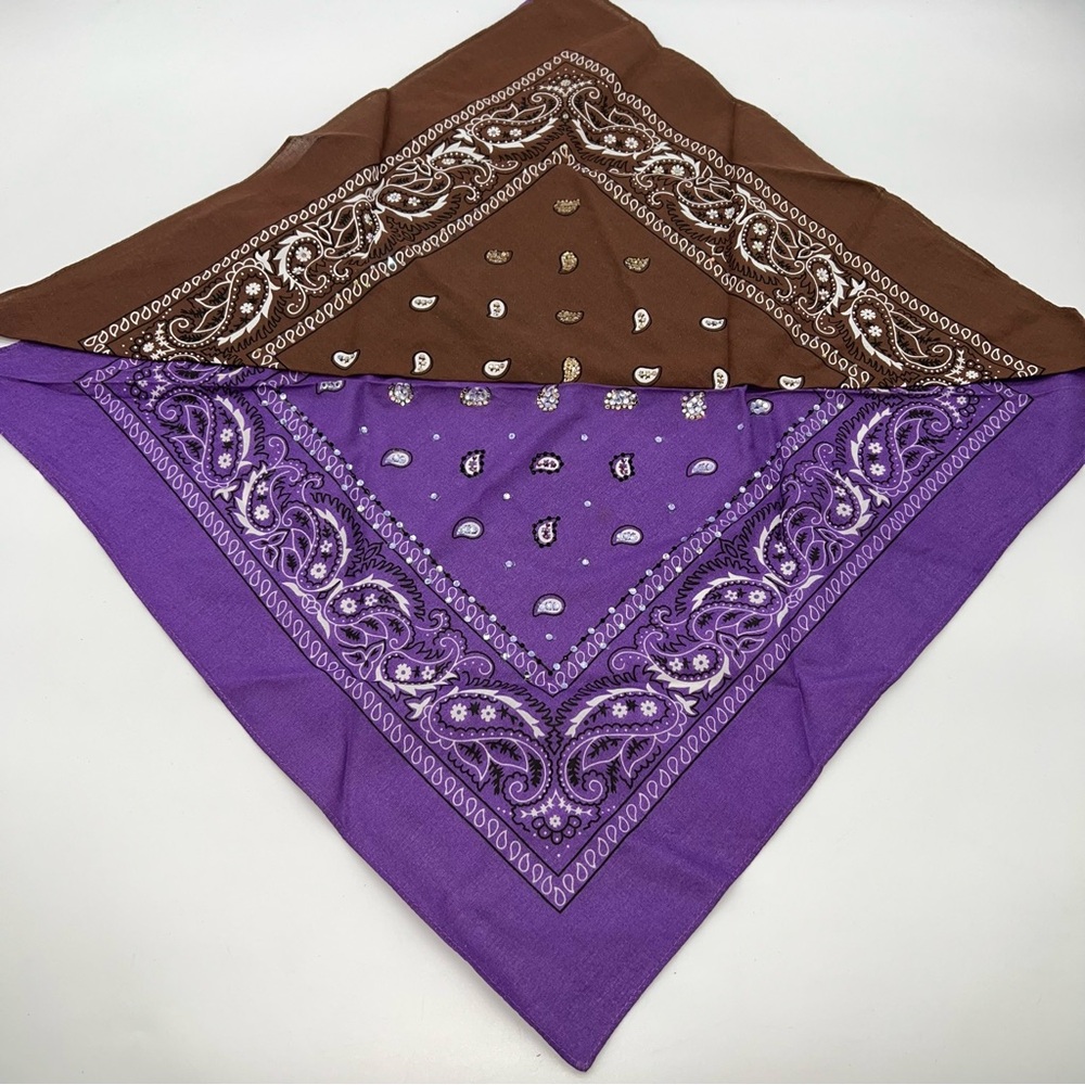 Vintage Lot of 2 Brown and Purple Bandanas/Scarfs Embellished w/Rhinestone